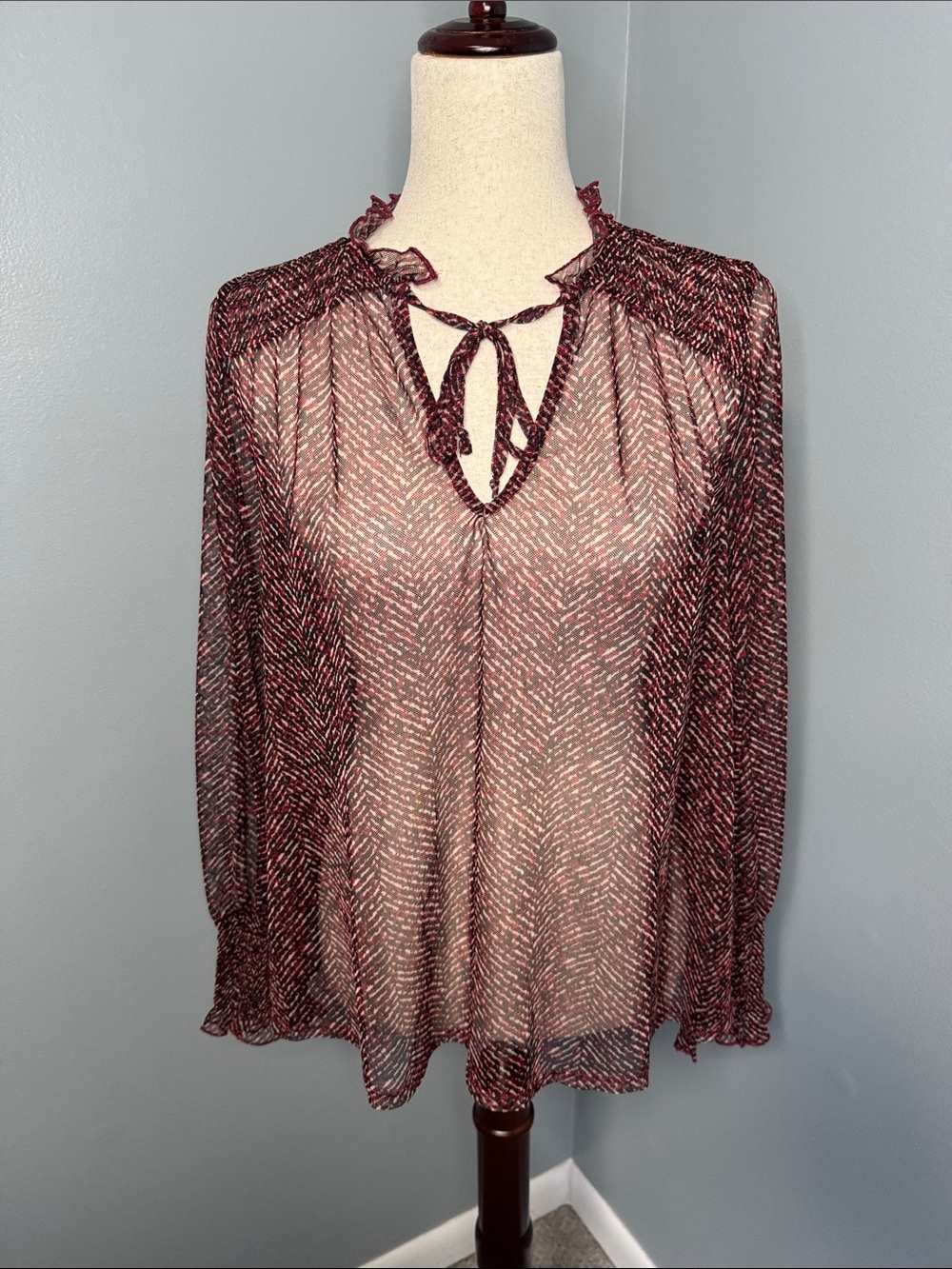 Chico's Women’s Burgundy Sheer Tie-Front Blouse Sz 1/M